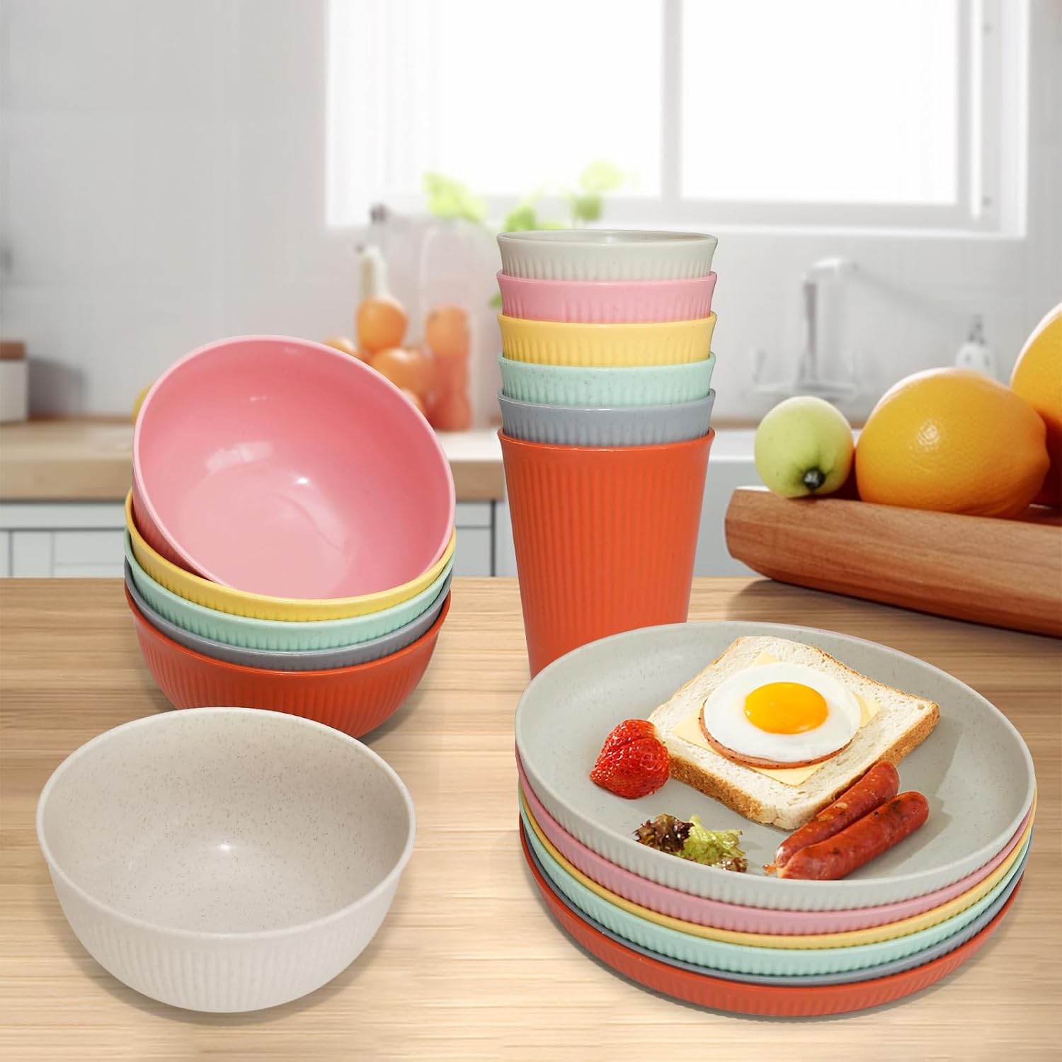 DAPIPIK 36-Piece Wheat Straw Dinnerware Set for Camping