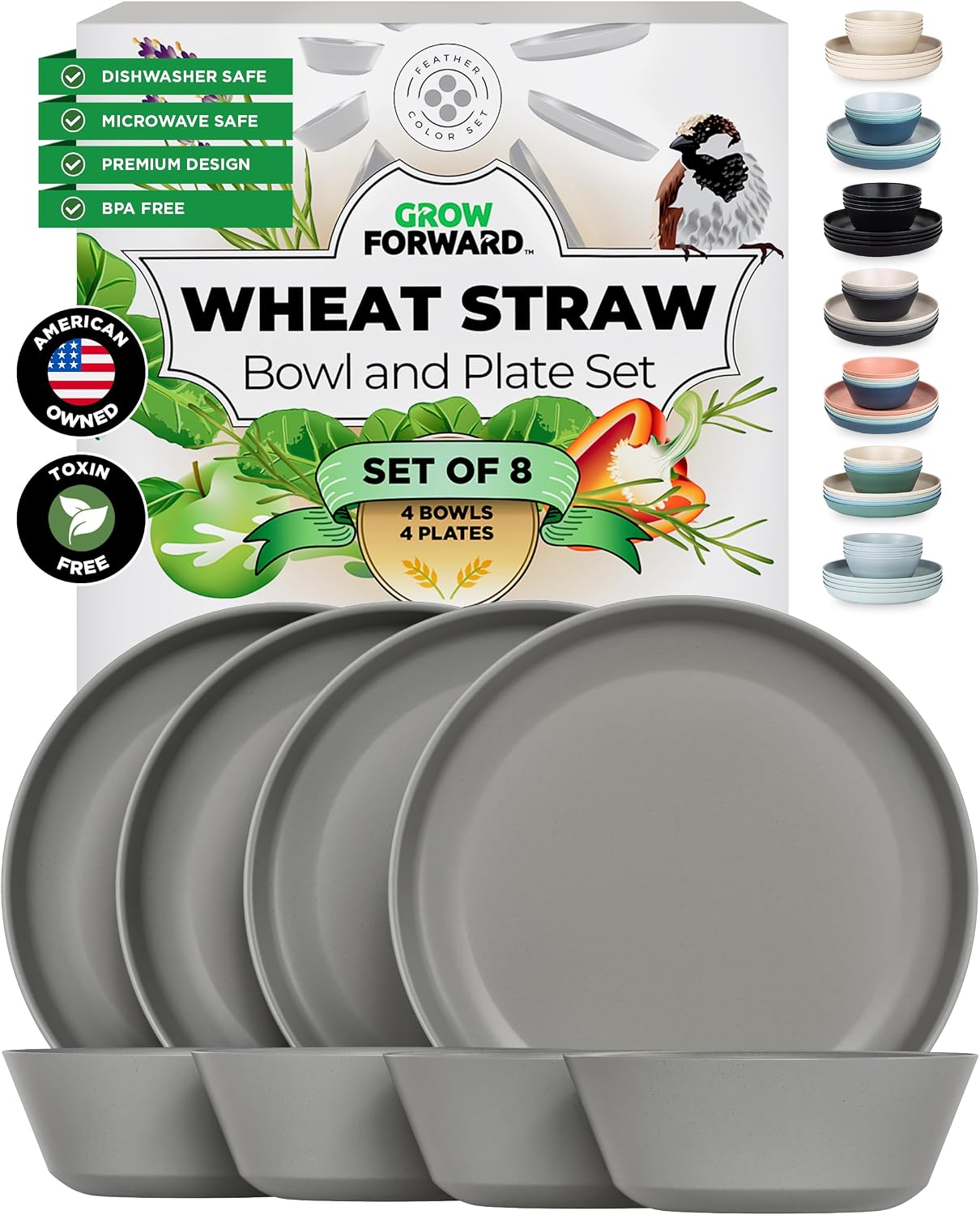 Feather 8-Piece Wheat Straw Dinnerware Set - Unbreakable Plates & Bowls