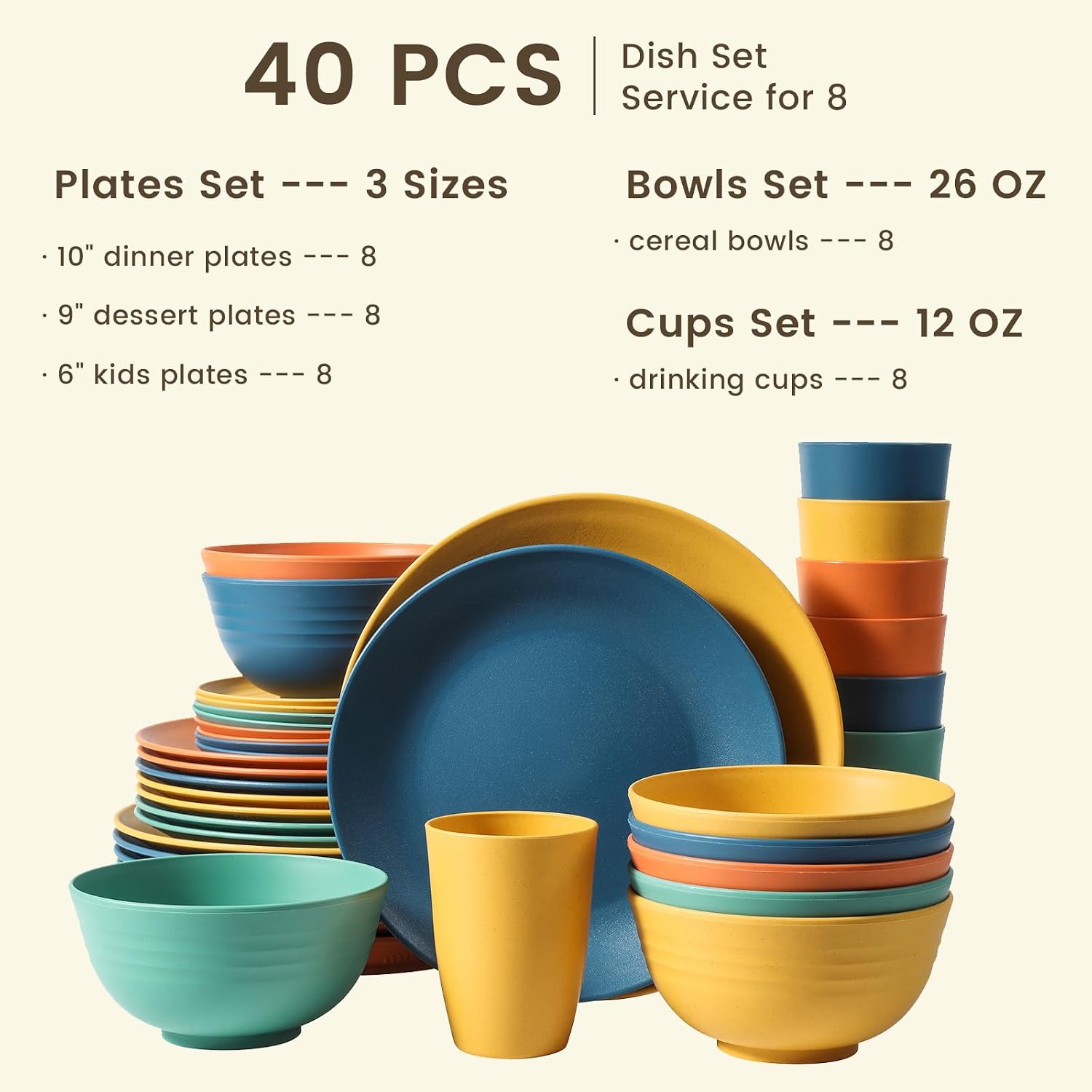 40-Piece Wheat Straw Dinnerware Set, Service for 8, Plates, Bowls & Cups