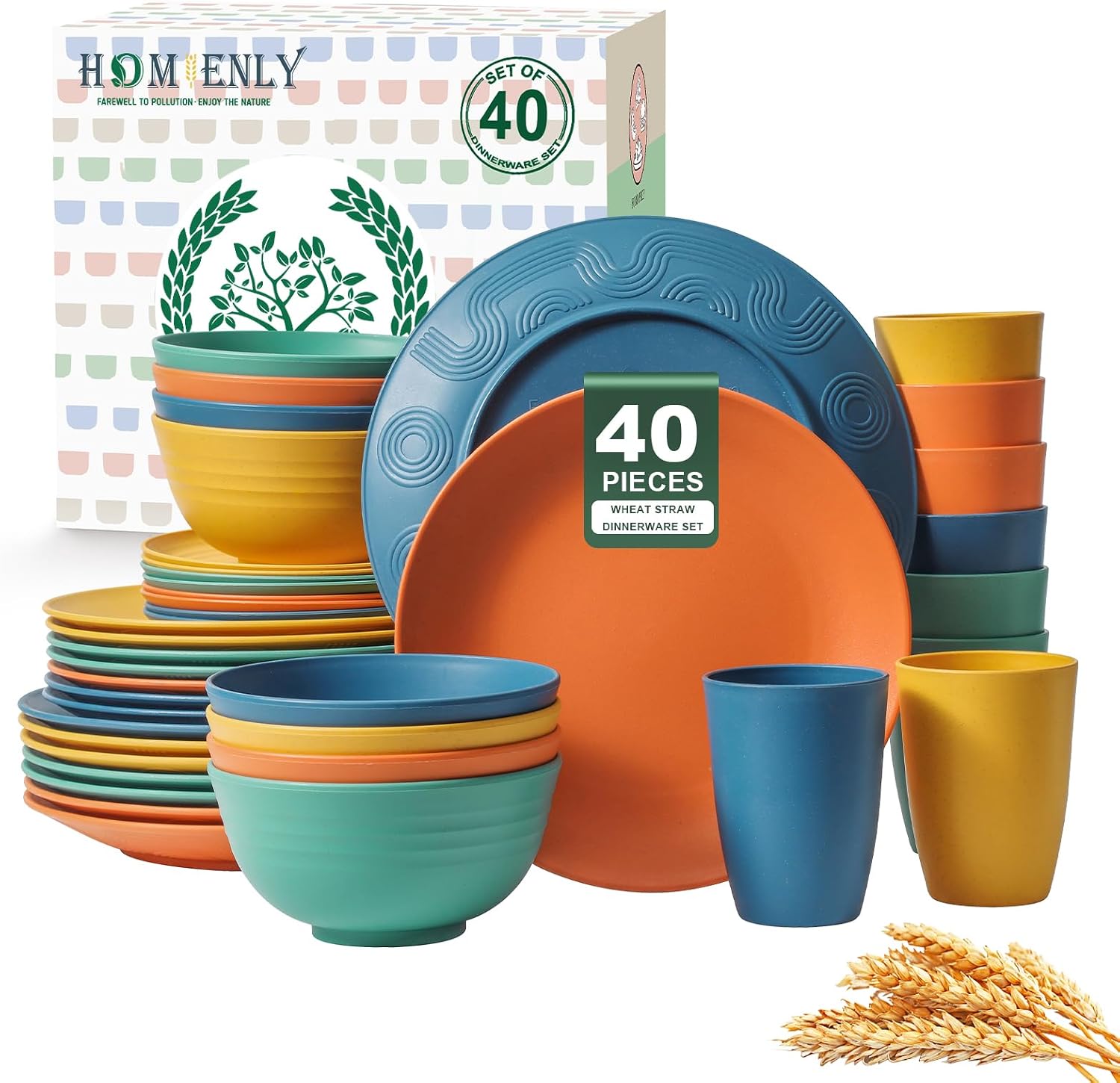 40-Piece Wheat Straw Dinnerware Set, Service for 8, Plates, Bowls & Cups