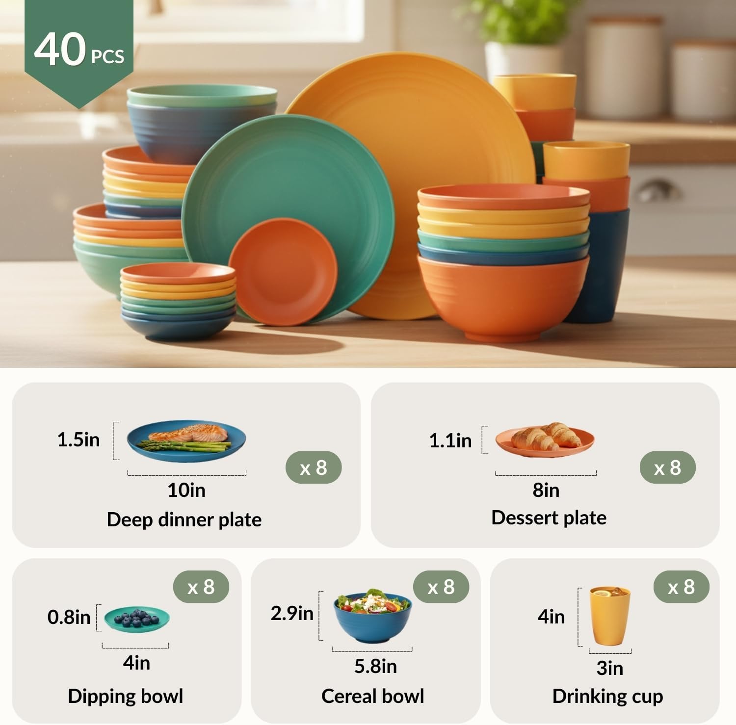 40-Piece Unbreakable Wheat Straw Dinner Set for 8, Multi-Colour