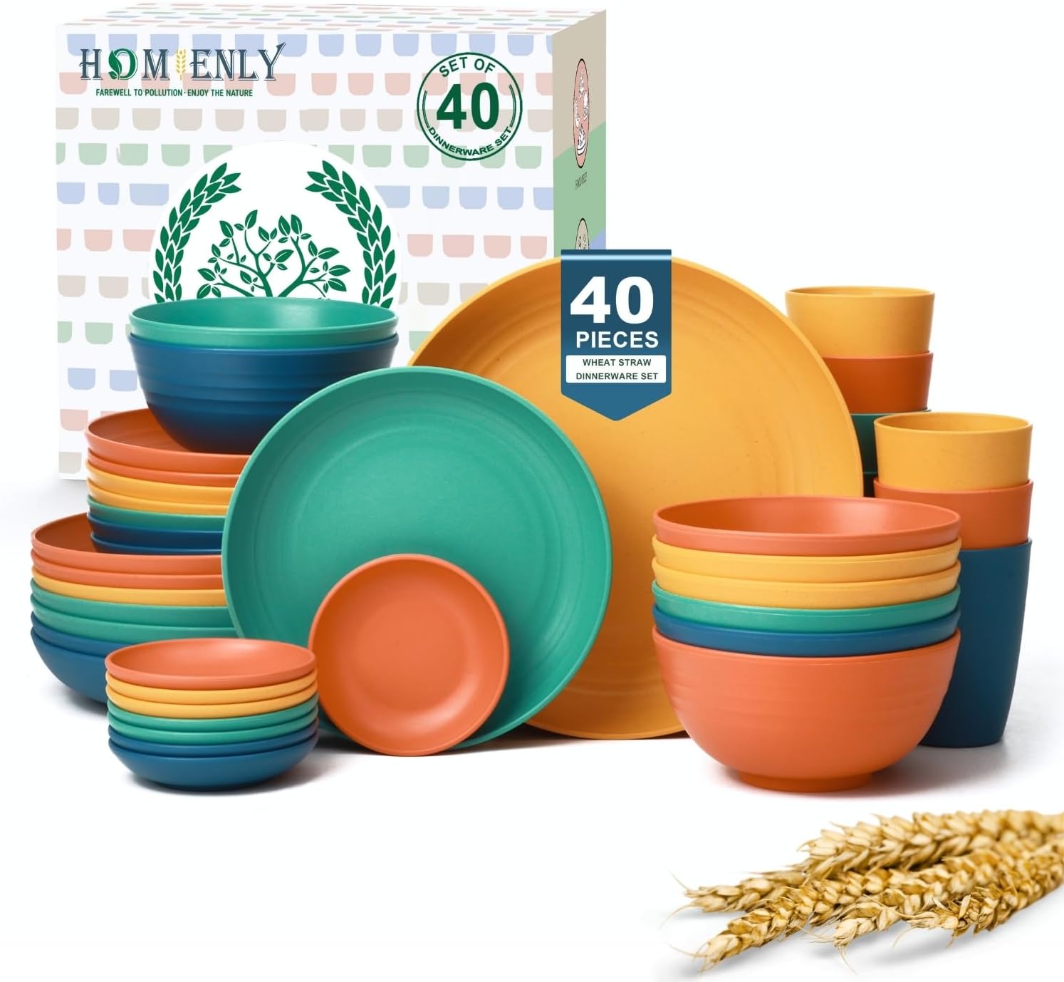 40-Piece Unbreakable Wheat Straw Dinner Set for 8, Multi-Colour
