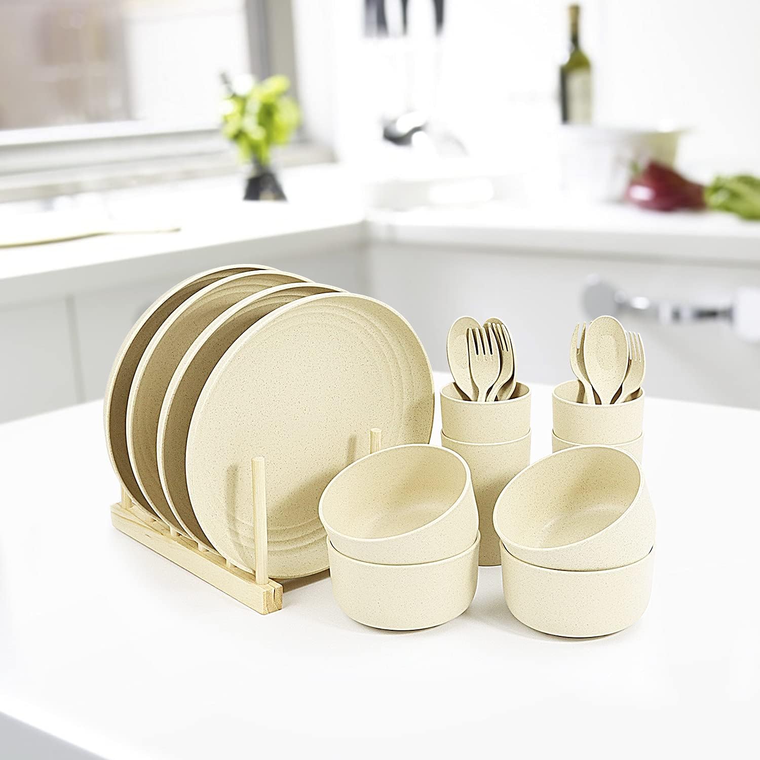 20pc Beige Wheat Straw Dinnerware Set, Lightweight & Unbreakable