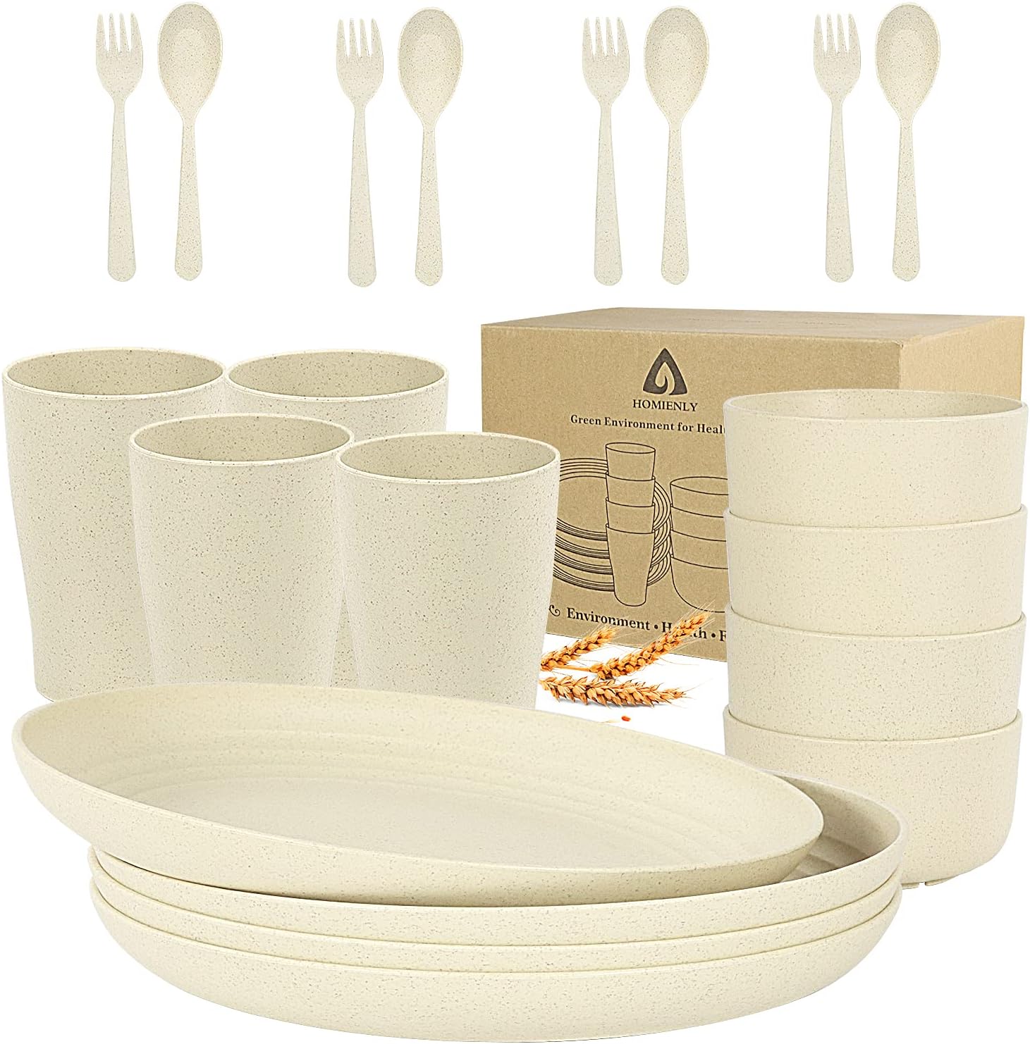 20pc Beige Wheat Straw Dinnerware Set, Lightweight & Unbreakable