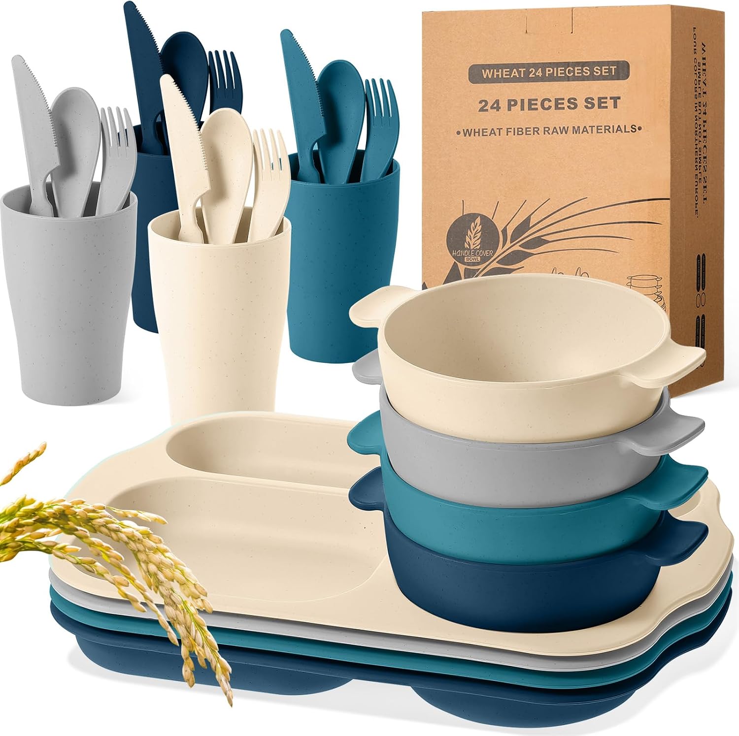 24 Pc Wheat Straw Dinnerware & Cutlery Set, Service for 4, Dark