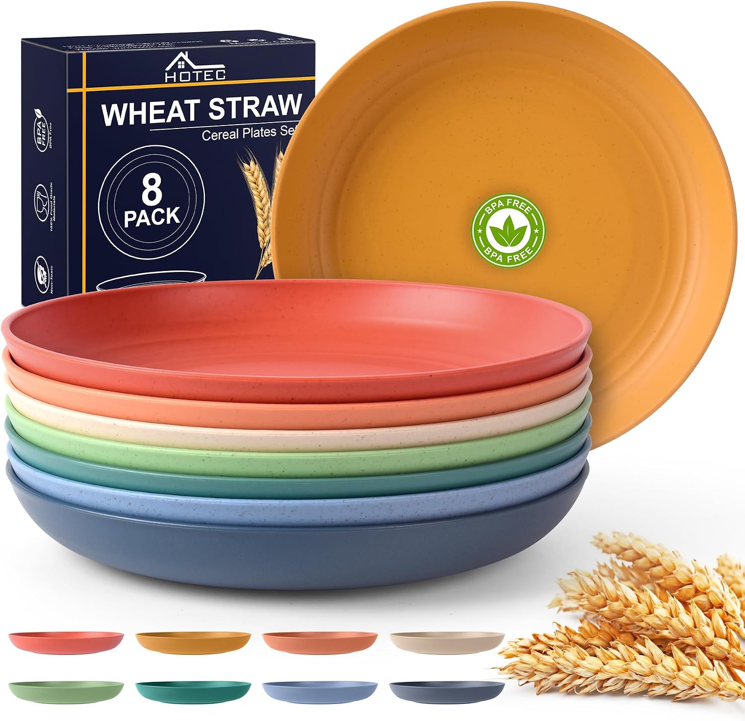 HOTEC 8-Pack 8-inch Deep Wheat Straw Dinner Plates, Multicolor