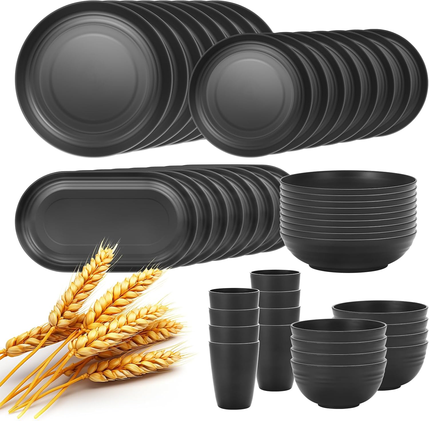 Lazycorner 48-Pc Wheat Straw Set for 8: Plates, Bowls, Cups (Black)