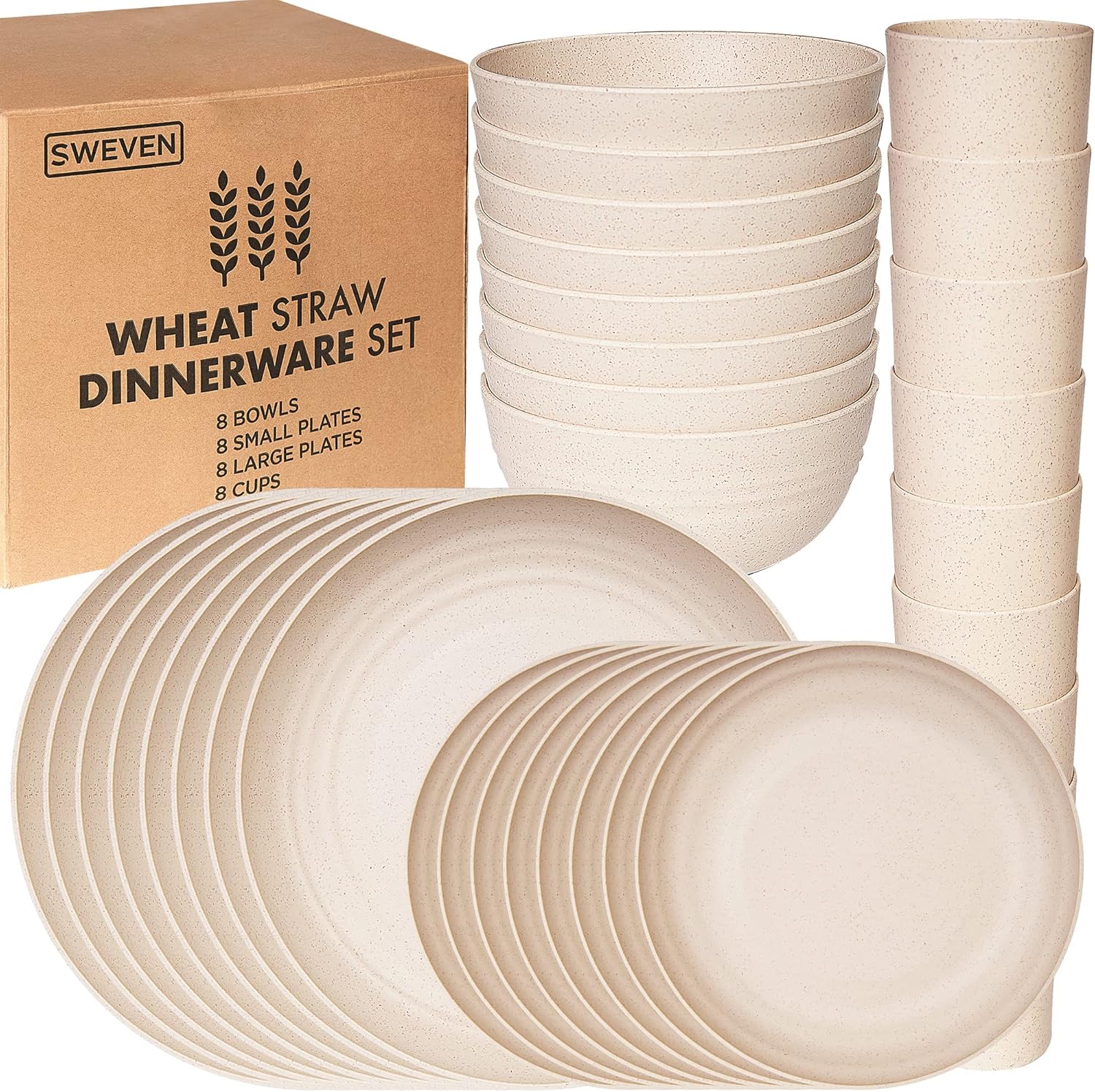 SWEVEN Wheat Straw Dinnerware Set, Beige, 32-Piece, Service for 8