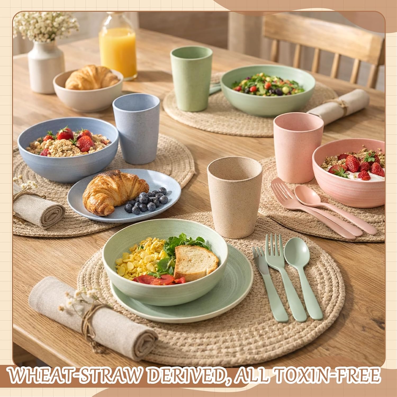 Zhehao 72-Piece Wheat Straw Dinnerware Set for 12 - Macaron Colors