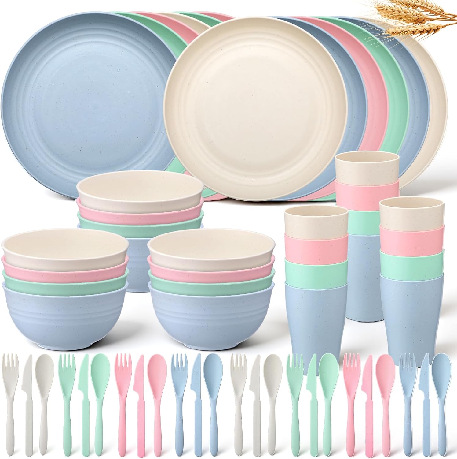 Zhehao 72-Piece Wheat Straw Dinnerware Set for 12 - Macaron Colors